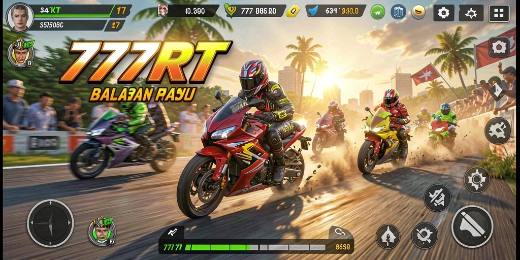 Tampilan gameplay seru di 777RT dengan sekumpulan motor balap.