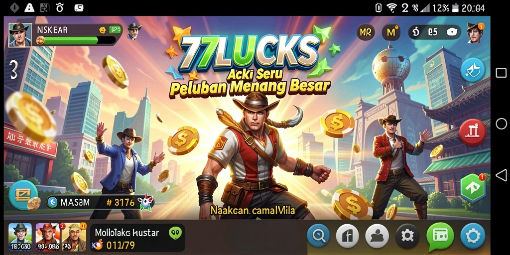 Screenshot utama 77LUCKS menampilkan aksi mendebarkan karakter dalam pertempuran.