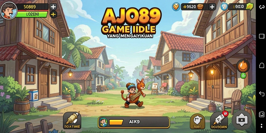 Screenshot gameplay AJO89 menampilkan karakter yang sedang mengumpulkan sumber daya secara otomatis.