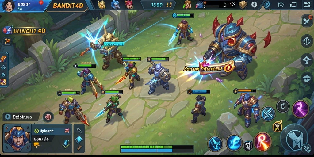 Tangkapan layar gameplay BANDIT4D menampilkan pertempuran MOBA yang intens dan strategis.