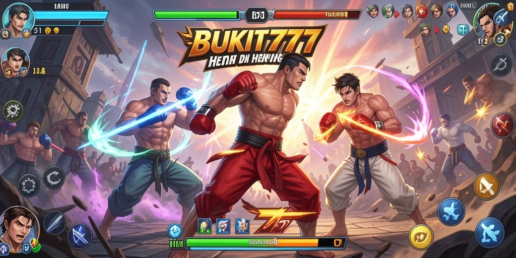 Tampilan gameplay BUKIT777 saat pertarungan berlangsung dengan karakter yang beraksi.