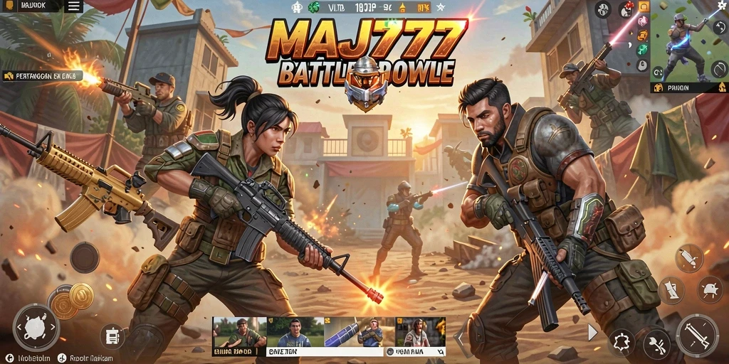 Screenshot gameplay MAJ777 menampilkan aksi pertempuran Battle Royale yang mendebarkan.