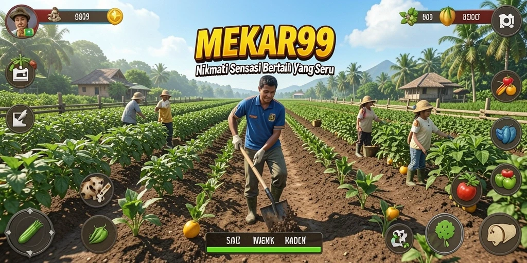 Gameplay MEKAR99 yang menampilkan aktivitas bertani di ladang.