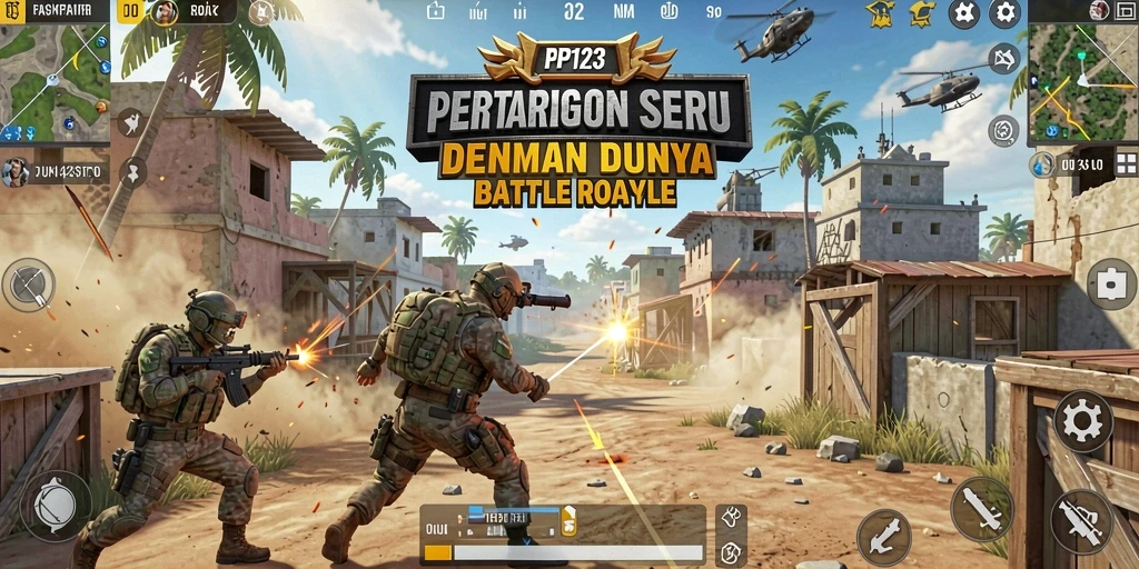Tampilan screenshot utama PP123 yang menunjukkan aksi pertarungan Battle Royale yang intens.