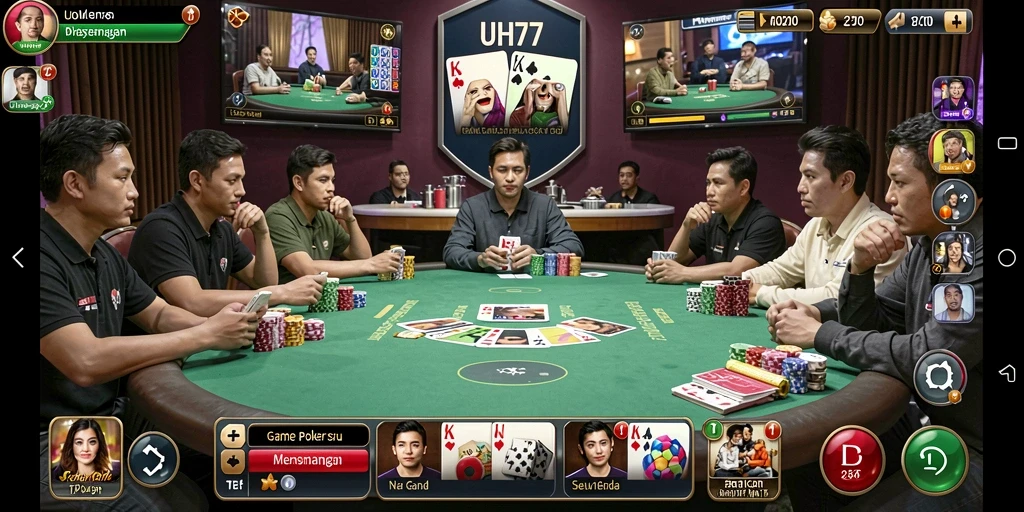 Tampilan gameplay UH77 dengan pemain poker yang intens.